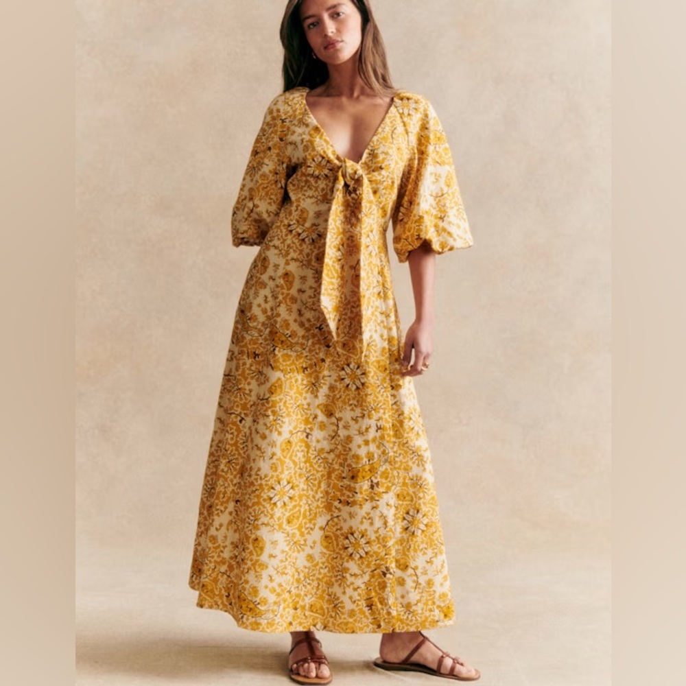Sezane Linen ROBE LONGUE NEOMIE ALCAZAR OCRE Yellow Floral Dress SIZE 34 US 2
